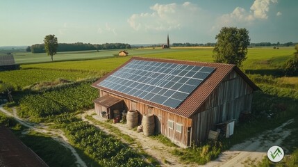 Aerial view of a large-scale agricultural area with solar panels installed on farm buildings, showcasing the integration of farming and sustainable energy.