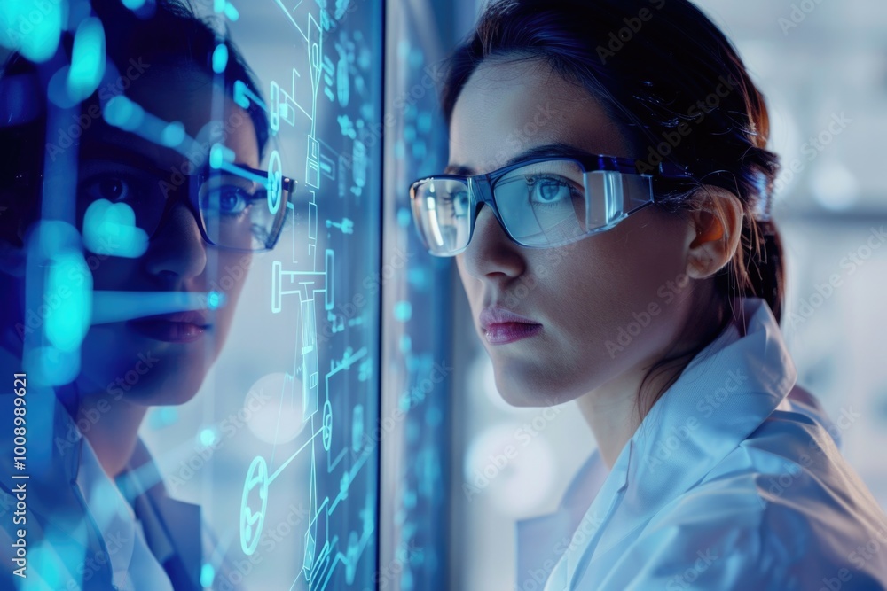Poster A couple of scientists examining data on a computer screen, possibly analyzing research findings or monitoring experiments