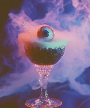 Spooky Halloween cocktail decorated with fake eyeball in a mysterious smoke, trendy retro flm camera effect