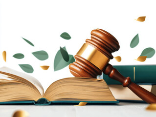 Gavel and open law book with leaves, symbolizing justice and legal knowledge.