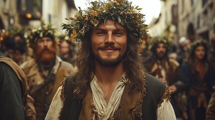 Obraz premium Man in a Medieval Costume with a Laurel Wreath Smiles at the Camera During a Festival