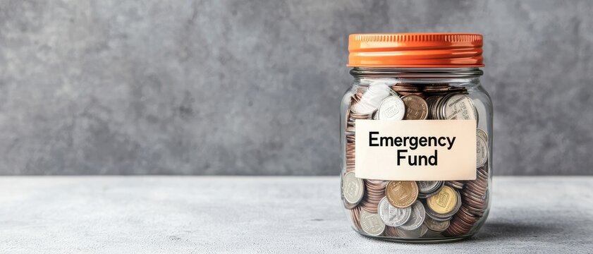 Glass jar filled with coins labeled as emergency fund against a neutral background.