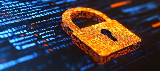 Cyber Security, Data Encryption with Glowing Digital Padlock on Computer Code, Cybersecurity Concept