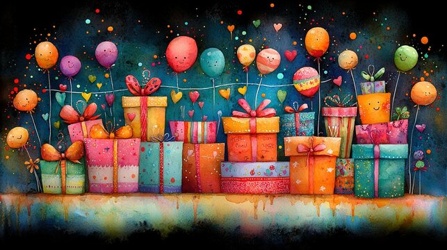   A painting depicts a string of gifts adorned with balloons and heart decorations dangling above