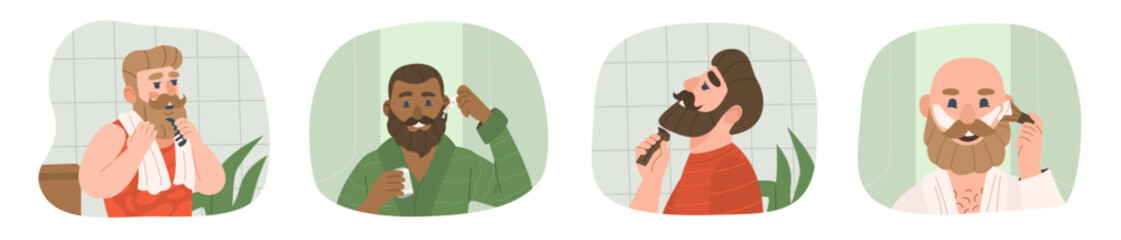 Men grooming beards in bathroom.