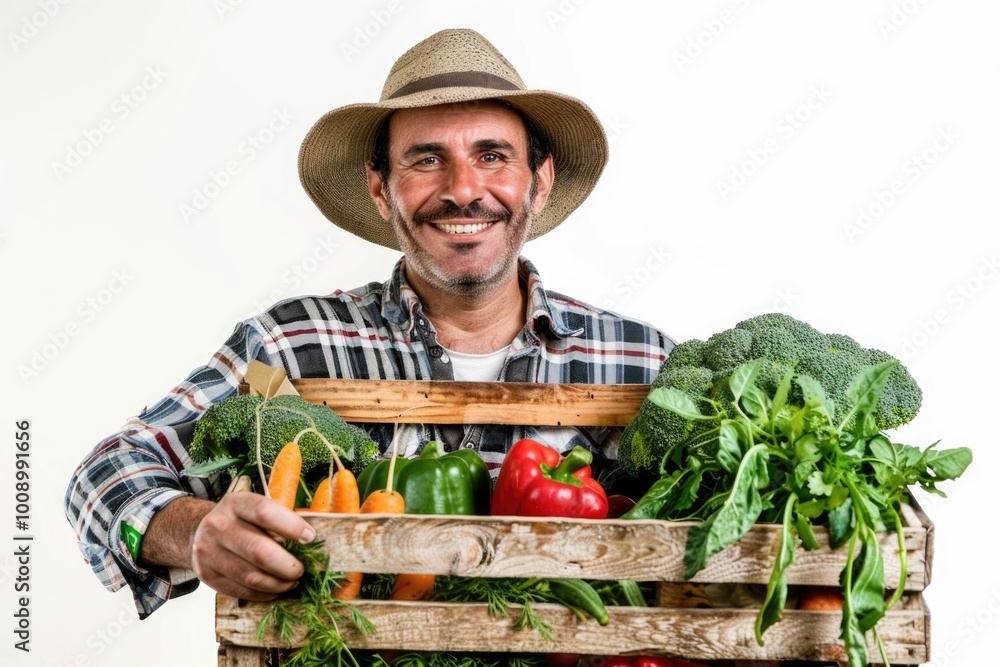 Wall mural A man holding a crate of fresh vegetables, wearing a hat