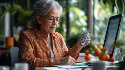 An elderly woman sitting at her desk with a glucometer, pricking her finger to test her blood sugar levels, integrating health monitoring into her daily activities.