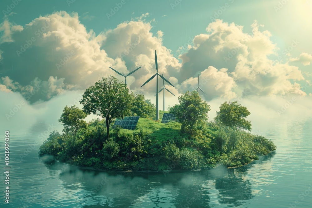 Poster A tiny island with multiple wind turbines generating electricity, suitable for use in environmental or technology-related contexts