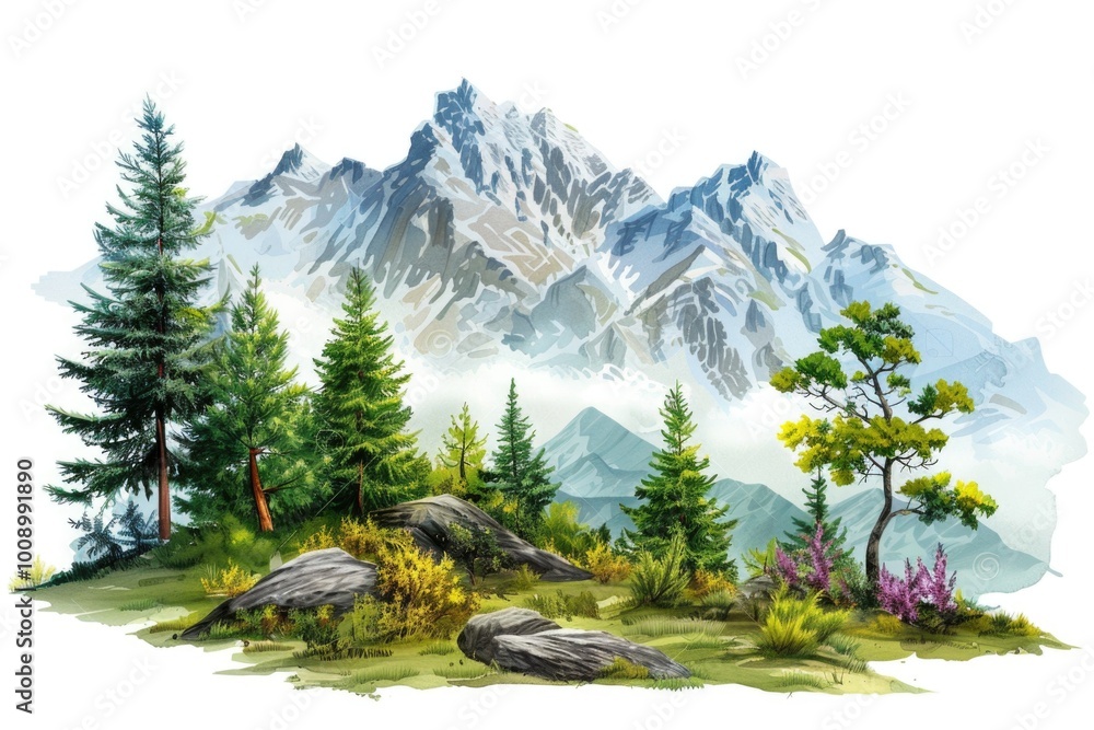 Poster a serene mountain scene featuring trees and rocks