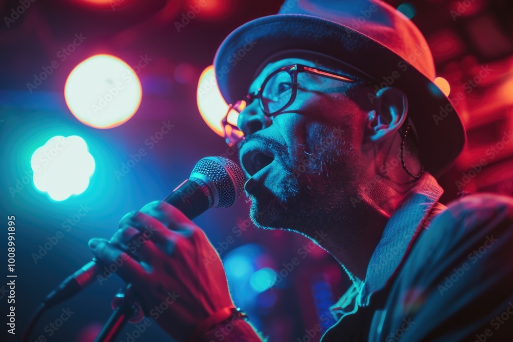 Poster a person wearing a hat and glasses performing into a microphone, simple and straightforward image