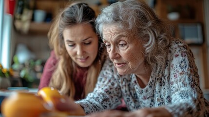 An elderly woman with a supportive family member by her side, assisting her in testing her blood sugar levels, capturing the collaborative aspect of home diabetes management.