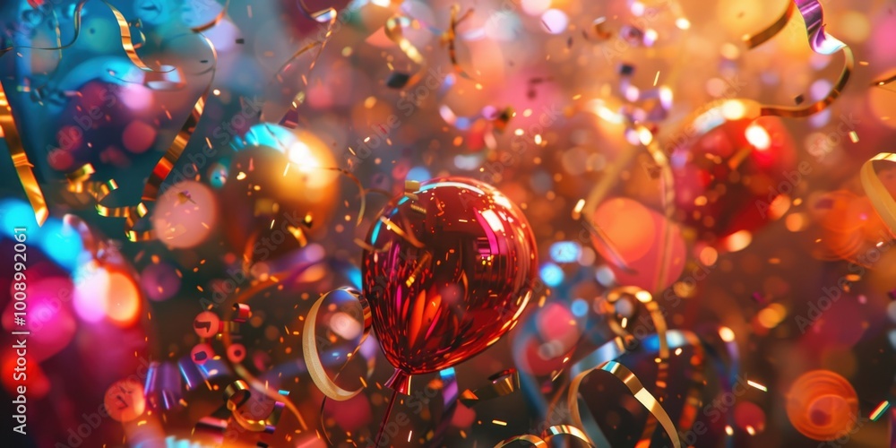 Poster a colorful scene with balloons and confetti floating in the air, perfect for party or celebration re