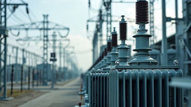 A transformer at an electrical substation. Transmission of electricity.