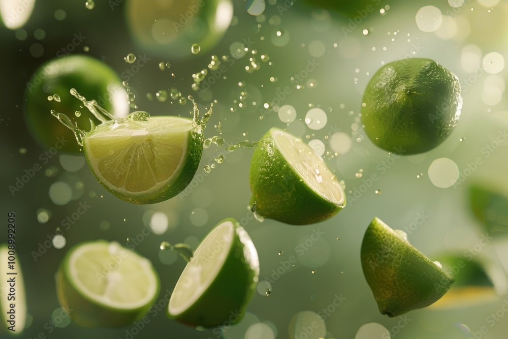 Poster Fresh limes dropping into the water's surface, creating ripples and splashing