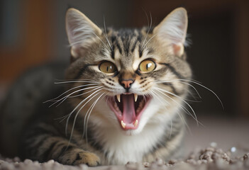 Obraz premium Angry and surprised cat with excited expression, showcasing its sharp teeth and vibrant eyes. This feline captures attention with its playful yet fierce demeanor