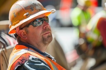 Fototapeta premium A construction worker on site, wearing a hard hat and reflective glasses