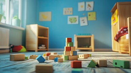 A childs messy room with wooden blocks scattered across the floor, and a half-built tower leaning slightly to one side.