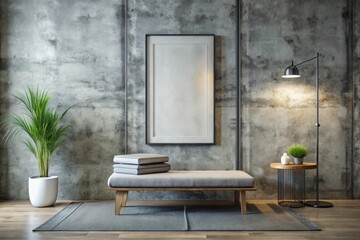 Mockup Empty Frame on Bare Concrete Wall in Modern Minimalist Room