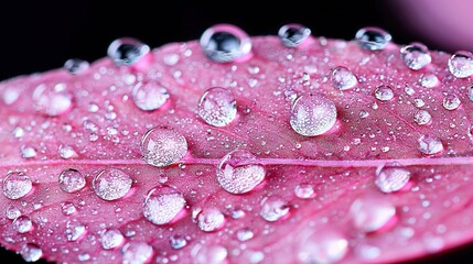   A close-up of a pink leaf with droplets of water on its surface The leaves are covered with water