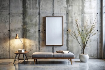 Mockup Empty Frame on Bare Concrete Wall in Modern Minimalist Room