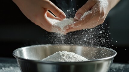 Fototapeta premium A close-up of a female hand sifting white flour into a bowl, the fine powder floating delicately in the air, reminiscent of a snowy day.