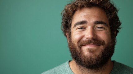 Fototapeta premium A close-up portrait of a happy, plus-size man with a beard and natural smile, standing confidently against a green background, promoting health and self-acceptance.