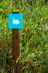 A caution sign warning, Watch out for snakes, stands against the dramatic green lush backdrop