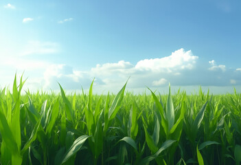 Fototapeta premium Lush green cornfield under bright blue sky with fluffy clouds, creating serene and tranquil atmosphere. vibrant plants sway gently in breeze, showcasing natures beauty