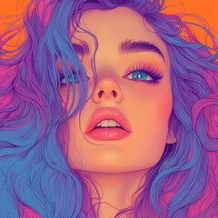Fototapeta premium Vibrant Digital Portrait of Woman with Flowing Hair