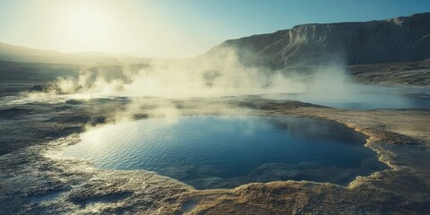 Obraz premium Mesmerizing geothermal pool surrounded by steam, showcasing the beauty of nature in a tranquil landscape during golden hour.