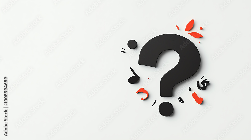 Poster minimal black question mark symbol in thin lines, centered on a solid white background