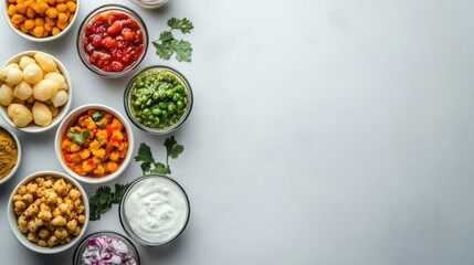 Flat lay of Indian chaat with chutney, yogurt, and spices, leaving space for text