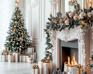 Cozy Christmas decor with a tree, fireplace, and presents in a festive setting.