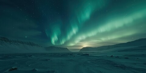 Naklejka premium Stunning aurora borealis illuminates the night sky over a serene frozen landscape, showcasing nature's breathtaking beauty.