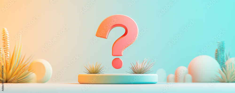 Poster abstract bold question mark symbol in highcontrast colors, floating in a minimal futuristic space