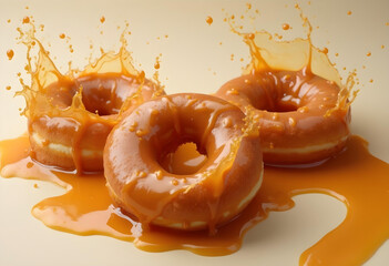 Three delicious donuts splashing in caramel glaze create mouthwatering scene. rich, golden caramel enhances visual appeal, making it irresistible