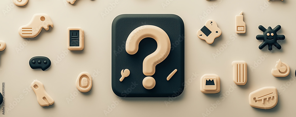 Poster minimal black question mark symbol with soft edges, centered on a solid light grey background