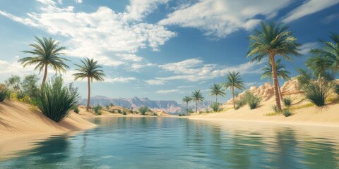 Fototapeta premium Tranquil oasis landscape with clear blue water, lush palms, and golden sand under a bright sky, perfect for relaxation and escape.