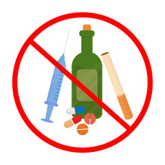 vector warning sign prohibited from consuming drugs, injections, cigarettes, alcohol and illegal drugs