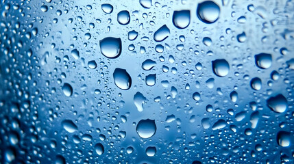 Blue Water Droplets on Glass Surface in Macro View