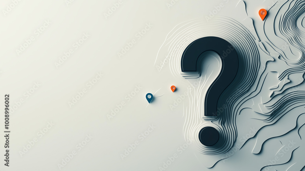 Poster minimal black question mark symbol in thin lines, centered on a solid white background