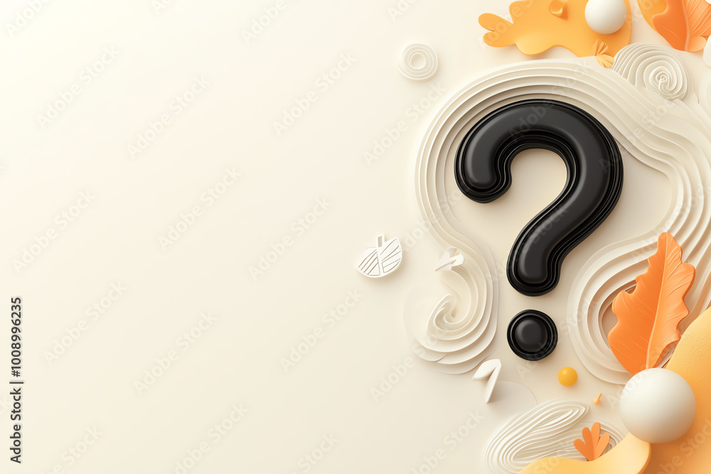 Poster clean minimal question mark symbol in black, centered on a smooth neutral background, soft shadows