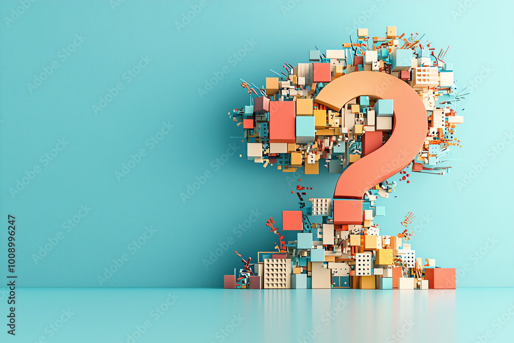 Poster bold question mark symbol composed of colorful blocks, set against a sleek minimal background