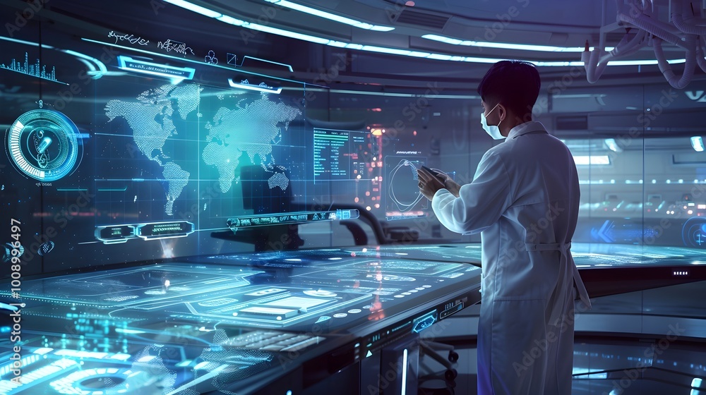 Poster futuristic scientist interacting with holographic interface in advanced control room