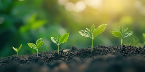 Vibrant seedlings sprouting from rich soil, representing growth and new beginnings in a lush, green environment.