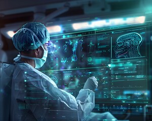 Surgeon Using Futuristic Holographic Interface in High Tech Operating Room to View Patient s Anatomy