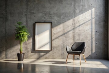 Mockup Empty Frame on Bare Concrete Wall in Modern Minimalist Room