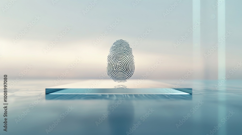 Poster digital fingerprint on glass surface in soft blue light. concept of security and identification in t