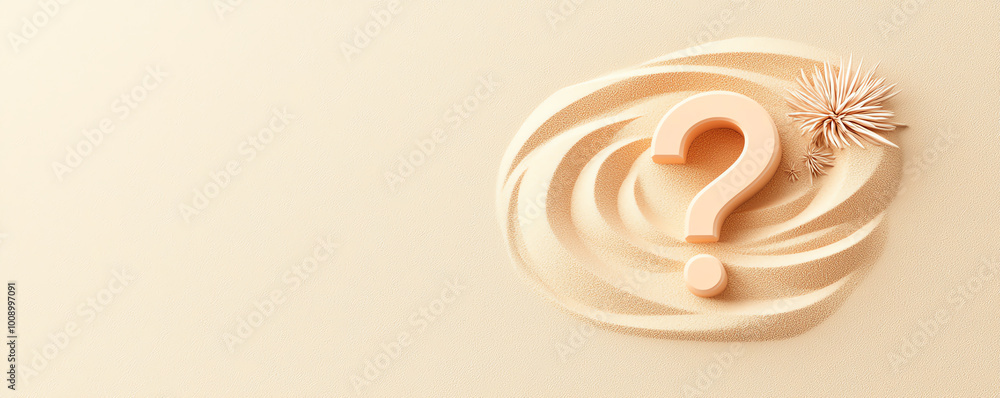 Poster sleek minimal question mark symbol, thin lines on a smooth, neutral background, casting soft shadows