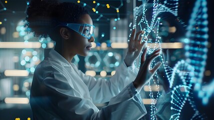 Scientist Manipulating Holographic Molecules and DNA Strands in a Futuristic Lab Interface